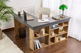Rašomasis stalas su lentyna Vesper, 130 cm x 120 cm, 72 cm, antracito sp./pušies sp