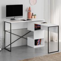 Rašomasis stalas su lentyna Kalune Design Badau 855DTE3864, 102.5 cm x 110 cm, 77 cm, balta sp./juoda sp.