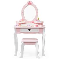medine kede - VIGA Didelis medinis kosmetinis staliukas su veidrodžiu ir kėde, Baltas/Rožinis (White/Pink) - 2 nuotrauka