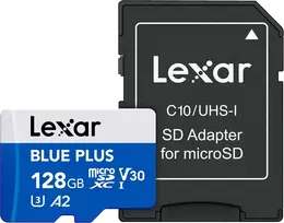 micro sd 128gb - Lexar Blue Plus microSDXC 128GB UHS-I C10 A2 U3 V30 + SD adapteris (Blue) - 1 nuotrauka