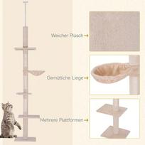 draskykle stulpas - PawHut kačių medis "Ceiling High", smėlinis (Sand), reguliuojamo aukščio, 40x34x230-260 cm - 5 nuotrauka