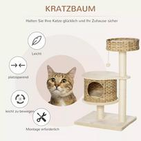 smelis katems - PawHut rotango draskyklė katėms, laipynė su nameliu, sizalio stulpais ir žaisliniais kamuoliukais, 95 cm, natūrali ir smėlio spalva - 7 nuotrauka