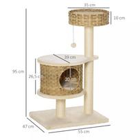 smelis katems - PawHut rotango draskyklė katėms, laipynė su nameliu, sizalio stulpais ir žaisliniais kamuoliukais, 95 cm, natūrali ir smėlio spalva - 8 nuotrauka