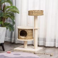 smelis katems - PawHut rotango draskyklė katėms, laipynė su nameliu, sizalio stulpais ir žaisliniais kamuoliukais, 95 cm, natūrali ir smėlio spalva - 9 nuotrauka