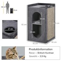 namelis draskykle katems - PawHut 81 cm draskyklė-namelis, tvirtas kačių draskyklės bokštas su 2 urvais, 2 aukštais katėms iki 6kg, tamsiai pilkas - 8 nuotrauka