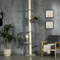 hamakas katems - PawHut draskyklė katėms iki lubų, 230-250 cm, su hamaku, reguliuojamo aukščio, pilka+kreminė - 3 nuotrauka
