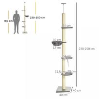hamakas katems - PawHut draskyklė katėms iki lubų, 230-250 cm, su hamaku, reguliuojamo aukščio, pilka+kreminė - 8 nuotrauka