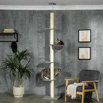 hamakas katems - PawHut draskyklė katėms iki lubų, 230-250 cm, su hamaku, reguliuojamo aukščio, pilka+kreminė - 9 nuotrauka