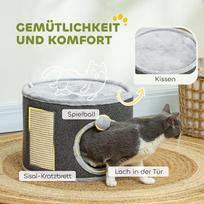 namelis draskykle katems - PawHut draskyklė-namelis, 30 cm aukščio katėms, su anga, draskyklė, sisalinis katės bokštas, iki 5kg svorio katėms, tamsiai pilka - 5 nuotrauka