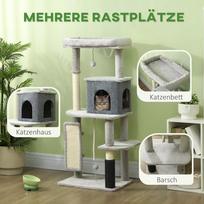 namelis draskykle katems - PawHut 132 cm katės draskyklė su nameliu, žaisliuku, sizalio stulpais, katėms iki 6kg, šviesiai pilka - 7 nuotrauka
