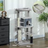 namelis draskykle katems - PawHut 132 cm katės draskyklė su nameliu, žaisliuku, sizalio stulpais, katėms iki 6kg, šviesiai pilka - 8 nuotrauka