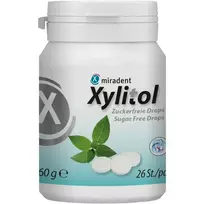 Miradent Xylitol becukrės pastilės su ksilitoliu, pipirmėtės skonio, 26 vnt