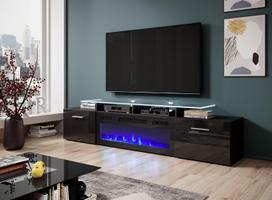 elektrinis zidinys spintele - Cama Meble Rova RTV spintelė su elektriniu židiniu, juoda (Black), 190x37x48 cm - 3 nuotrauka