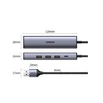 usb c kabelis - UGREEN 5in1 USB-A to 3x USB 3.0 + RJ45 + USB-C adapteris, sidabrinė - 2 nuotrauka