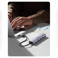 usb c kabelis - UGREEN 5in1 USB-A to 3x USB 3.0 + RJ45 + USB-C adapteris, sidabrinė - 6 nuotrauka