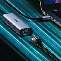 usb c kabelis - UGREEN 5in1 USB-A to 3x USB 3.0 + RJ45 + USB-C adapteris, sidabrinė - 12 nuotrauka