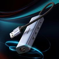 usb c kabelis - UGREEN 5in1 USB-A to 3x USB 3.0 + RJ45 + USB-C adapteris, sidabrinė - 14 nuotrauka