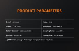 zibintuvelis 18650 - Superfire M12 prožektorius, 8000lm, įkraunamas USB C - 5 nuotrauka