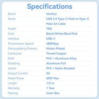 vention usb c 1m - CABLE USB-C TO USB-C/1M BLUE TRDSF VENTION - 15 nuotrauka