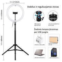 trikojis telefonui - LED žiedinė lempa 30cm su trikoju stovu iki 1.65m ir telefono laikikliu, USB - 3 nuotrauka