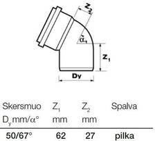 vidaus kanalizacijos - Vidaus kanalizacijos alkūnė Wavin, Ø 50 mm, 67° - 2 nuotrauka