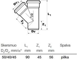 kanalizacijos trisakis 50 45 - Trišakis Wavin 3-Way Drain Pipe Grey 45° 50/40mm - 2 nuotrauka