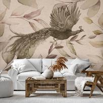 Fototapetas Artgeist Bird Among The Leaves - Floral Motif With A Flying Peacock In Cool Tones, 210 cm x 300 cm
