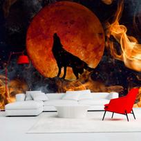Fototapetas Artgeist Wild Nature - Wolf On A Background Of A Red Moon In Flames Of Fire, 315 cm x 450 cm