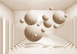 Fototapetas Artgeist 3D Abstraction - Beige Spheres With Shadow In A Bright Space With Columns LNEW011453, 140 cm x 140 cm
