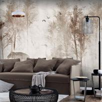Fototapetas Artgeist Among the trees - landscape in grey tones in fog in a clearing with birds, 105 cm x 150 cm