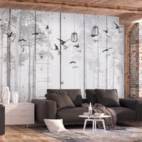 Fototapetas Artgeist Minimalist motif - black birds on a white background with wood texture, 210 cm x 300 cm