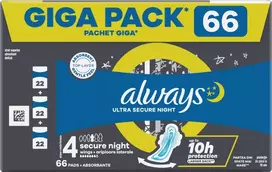 Always Ultra Secure Night Higieniniai paketai su sparneliais, 66 vnt.
