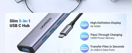 usb to c - Ugreen CM511 USB-C to HDMI 1.4 + 3xUSB-A + USB-C PD100W Pilkas (Gray) - 8 nuotrauka