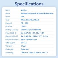 magnetine isorine baterija - Vention FHSB0, 5000mAh, 20W, magnetinis, juodas - 10 nuotrauka