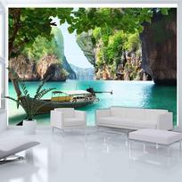 Fototapetas Artgeist Abandoned Boat - Tropical Landscape with a Boat amidst Rocky Cliffs XLNEW010248SAM, 175 cm x 245 cm