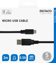 usb b laidas 3m - DELTACO USB 2.0 Micro B laidas, 2,4A, 3m juodasLaikas naujam kabeliui? Mūsų USB 2.0 Micro B laidas - 2 nuotrauka