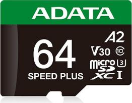 atminties kortele v30 - ADATA Speed Plus 64GB microSDXC UHS-I U3 V30 A2 Class 10 UD64GUI3V30A2SP-RA1 - 1 nuotrauka
