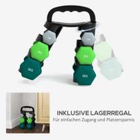 hanteliai 2 x 5 kg - SPORTNOW Hantelių rinkinys 6 hanteliai su sulankstomu hantelių stovu, 2 x 1 kg, 2 x 3 kg, 2 x 5 kg hanteliai, kettlebell fitnesui, gimnastikai, namuose - 6 nuotrauka