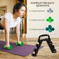 hanteliai 2 x 5 kg - SPORTNOW Hantelių rinkinys 6 hanteliai su sulankstomu hantelių stovu, 2 x 1 kg, 2 x 3 kg, 2 x 5 kg hanteliai, kettlebell fitnesui, gimnastikai, namuose - 7 nuotrauka