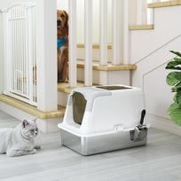 nerudijantis plienas - PawHut Kačių tualetas su dangčiu, kraiko kastuvėliu, priekinis įėjimas ir viršutinis išėjimas, nerūdijantis plienas, iki 15 kg - 2 nuotrauka