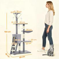 dideliu kaciu draskykle - Draskyklė katėms su nameliu, 4 žaislais, sizalio stulpais, didele platforma, laiptais, katėms iki 5kg, pilka - 8 nuotrauka