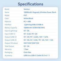magnetine isorine baterija - Vention FHTB0, 10000mAh, 22.5W, magnetinis, juodas - 2 nuotrauka