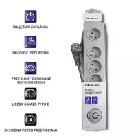 ilgintuvas 5 lizdai - Qoltec Surge Protector Power Strip 3m Gray - 4 nuotrauka