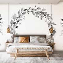 Fototapetas Artgeist Romantic Wreath - Grey Plant Motif With Leaves With Rose Pattern, 105 cm x 150 cm