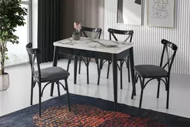 Valgomojo stalas išskleidžiamas Hanah Home Dolunay, balto marmuro/juodas (White Marble/Black)