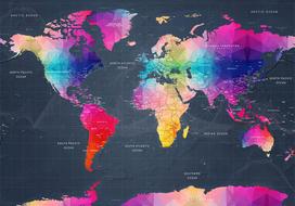 Fototapetas Artgeist Coloured World Map - Geometric Outline With Inscriptions In English, 70 cm x 100 cm
