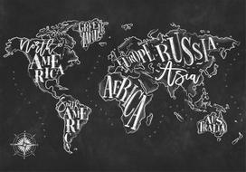 Fototapetas Artgeist Modern World Map - Black And White Continents With English Names 5XLFT1724, 315 cm x 450 cm