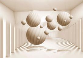 Fototapetas Artgeist 3D Abstraction - Beige Spheres With Shadow In A Bright Space With Columns NEW011453, 245 cm x 245 cm