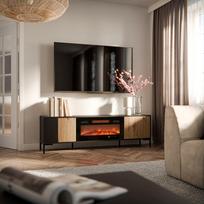 staliukas oak - TV staliukas Cama Meble Merci, juodas/ąžuolas artisan (Black/Oak), 180 cm x 40 cm x 53.5 cm, su elektriniu židiniu - 2 nuotrauka