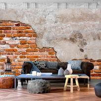 Fototapetas Artgeist Eclectic Masonry - Slabs Of Textured Concrete On A Background Of Red Bricks, 140 cm x 200 cm